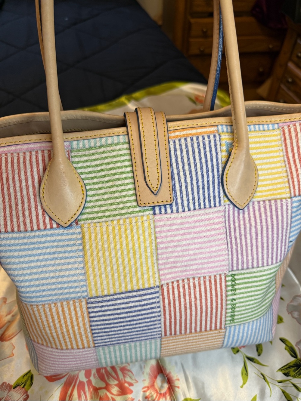Dooney & Bourke Patchwork Seersucker Tote Bag Multicolor Striped | Leather Trim - Picture 2 of 16